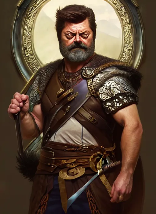 Image similar to portrait of nick offerman as odin, d & d, muscular, eyepatch! fantasy, intricate, elegant, highly detailed, digital painting, artstation, concept art, smooth, sharp focus, illustration, art by artgerm and greg rutkowski and alphonse mucha