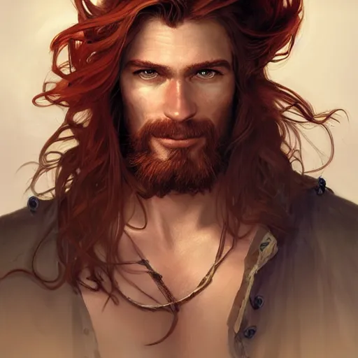 Prompt: portrait of a young ruggedly handsome but joyful pirate, male, masculine, upper body, red crimson hair, long flowing hair, fantasy, wide smirk, intricate, elegant, highly detailed, digital painting, artstation, concept art, matte, sharp focus, illustration, art by artgerm and greg rutkowski and alphonse mucha