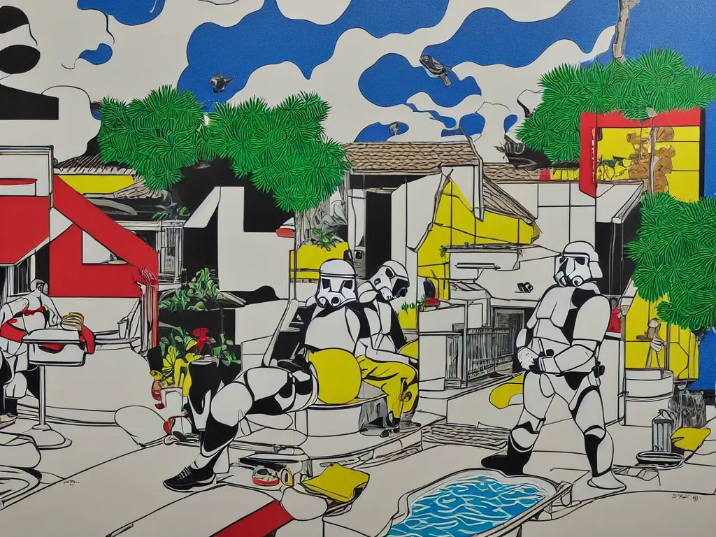 Image similar to hyperrealism composition of the japanese house with a hot springs in the garden, two detailed stormtroopers bathe in a hot spring, pop - art style, jacky tsai style, andy warhol style, roy lichtenstein style, acrylic on canvas