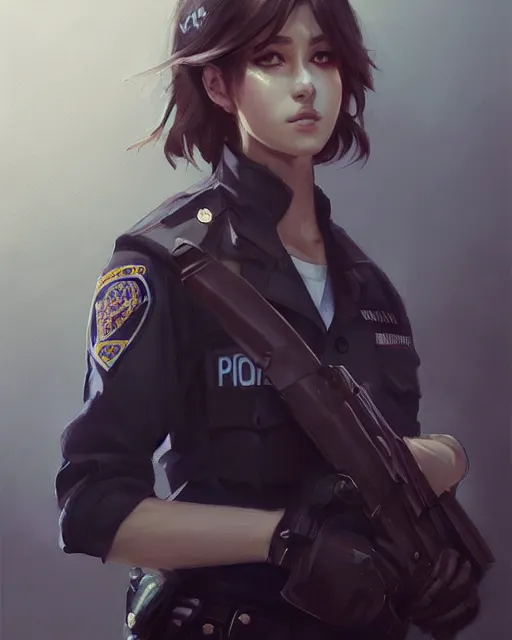 Image similar to Hyper realistic painting of a beautiful girl in a police uniform, hyper detailed, anime, by greg rutkowski, trending on artstation