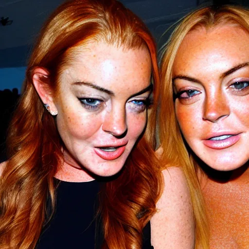 Image similar to Selfie photograph of Lindsay Lohan and Lindsay Lohan, golden hour, 8k,