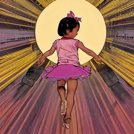 Image similar to a mixed race hapa five - year - old girl, dressed as a ballerina, balancing on the golden gate bridge, smiling into the camera, portrait, wide shot, sunset illustration, pop art, splash painting, art by geof darrow, ashley wood, alphonse mucha