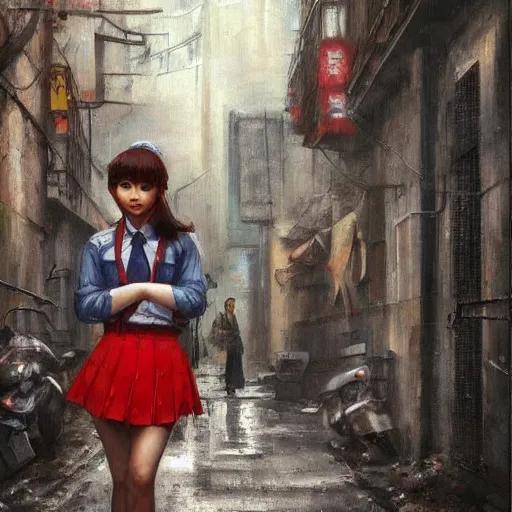 Image similar to a perfect, realistic professional socialist realism socrealist painting of a Japanese schoolgirl posing in a dystopian alleyway, style of Marvel, full length, by a professional Soviet senior artist on ArtStation, a high-quality concept