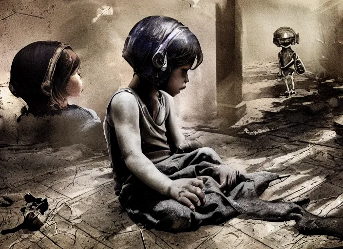 Prompt: A poor child in the Great Depression being visited by aliens, digital art, 4K, highly detailed