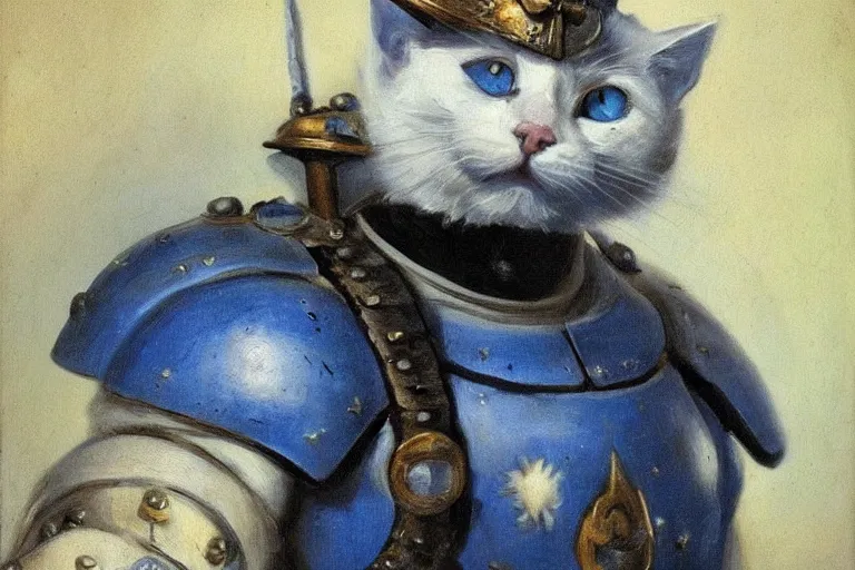 Prompt: a portrait of a white cat as a Space Marine from the Warhammer 40k, ultramarine space marine cat, blue space marine armor, glorious, masterpiece painting by Rembrandt