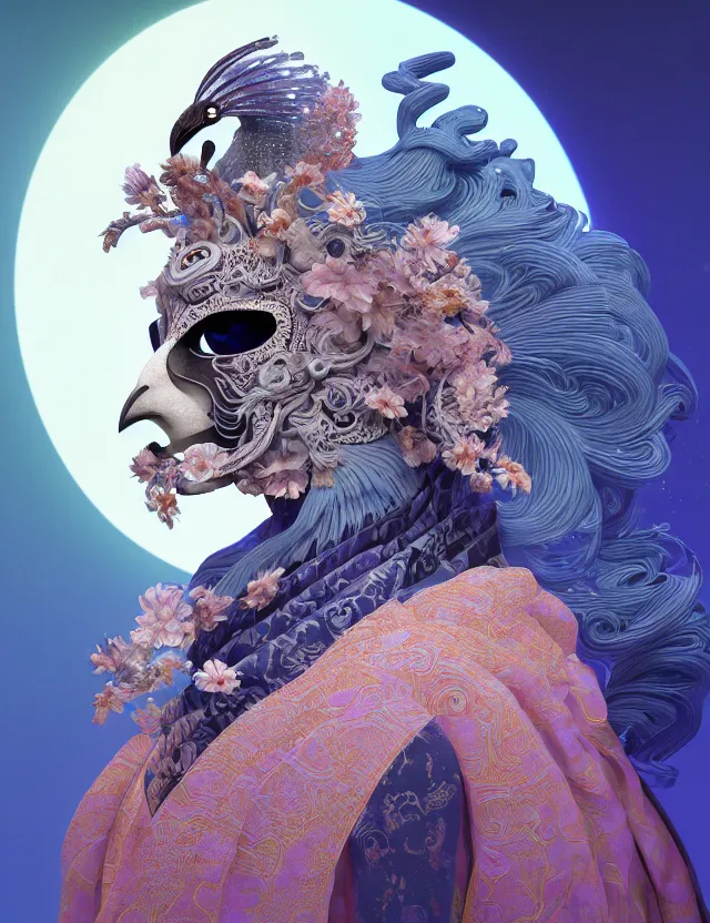 Image similar to 3 d goddess in robe close - up profile portrait with ram skull. beautiful intricately detailed japanese crow kitsune mask and clasical japanese kimono. betta fish, jellyfish phoenix, bio luminescent, plasma, ice, water, wind, creature, artwork by tooth wu and wlop and beeple and greg rutkowski