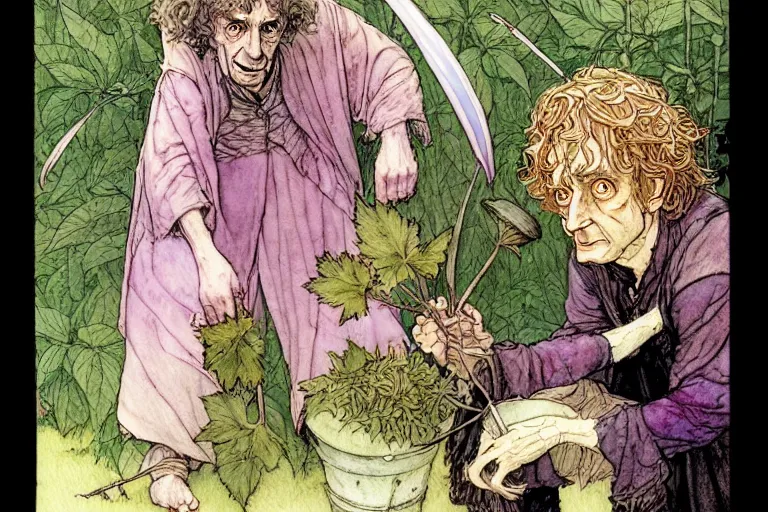 Image similar to a realistic and atmospheric watercolour fantasy character concept art portrait of bilbo baggins with pink eyes freaking out with a pot leaf nearby, by rebecca guay, michael kaluta, charles vess and jean moebius giraud