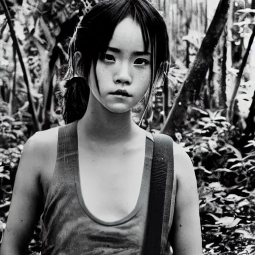 Image similar to japanese version of emma watson, walking through vietnam jungle, portrait, close up, award winning, kodak ektachrome expired blue tint,