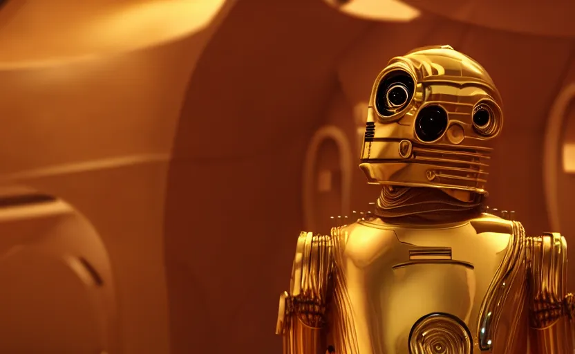 Prompt: c - 3 po as a hamster, movie still, star wars, cinematic, sharp focus, cinematic grain, cinematic lighting, 8 k