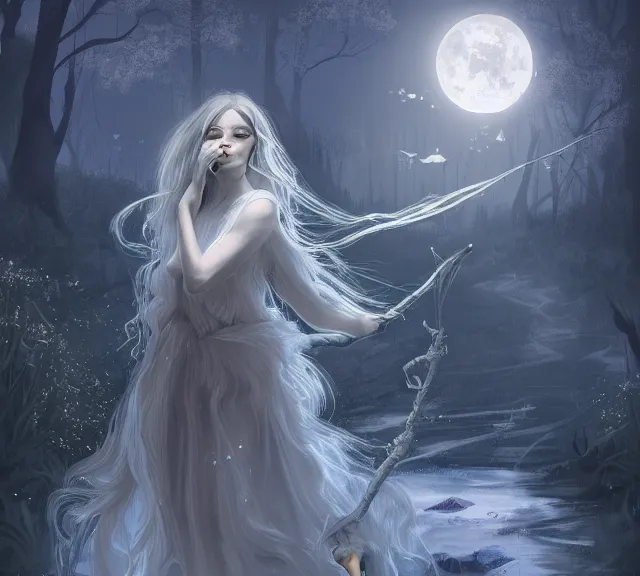 Prompt: an illustration of a mystical fairy witch, at the waterside, lit by moonlight, high contrast, highly detailed, sharp focus, digital painting, illustration, trending on artstation,