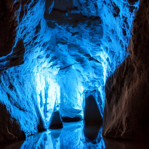 Prompt: glowing bioluminescent blue goo growing on the walls and ceiling of a dark cave, 8k ultra hd,