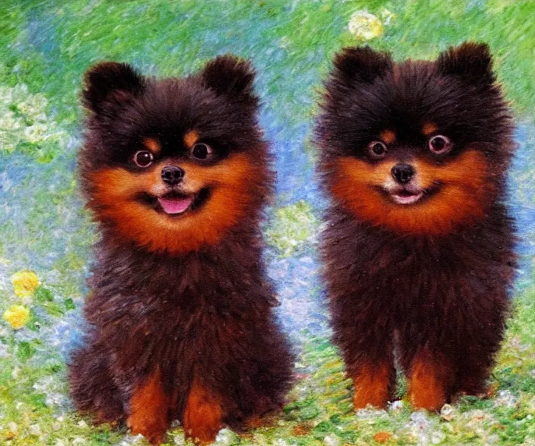 Image similar to brown and black pomeranian, cute, monet, oil painting