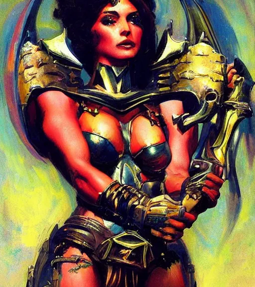 Image similar to portrait of strong iranian female chaos angel, beautiful! coherent! by frank frazetta, by brom, strong line, vivid neon color, shining metal power armor, iron helm, high contrast, maximalist