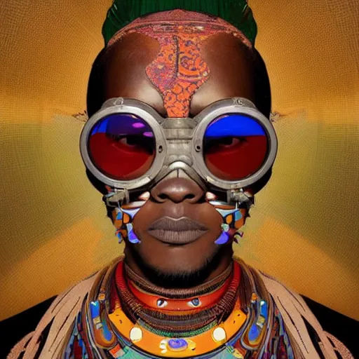 Prompt: colourful vfx upper half - portrait - art of a african tribal chief wearing steam punk goggles, art by utagawa kunisada, james jean & alphonse mucha, symmetrical, intricate detail, concept art, volumetric light, ray tracing, caricature, digital illustration, digital painting, octane 3 d render, unreal engine, sharp, pinterest, behance, art station,