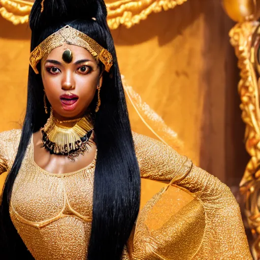 Image similar to aesthetic!!!!!! Portrait photograph of a female genie in Arabic clothing, black skin, long black hair, gold tint, frontal pose, cinematic lighting, silk, fabric, full-length view, 8K, symmetrical balance, in-frame, bokeh!!!!!! Graphex camera, extremely detailed