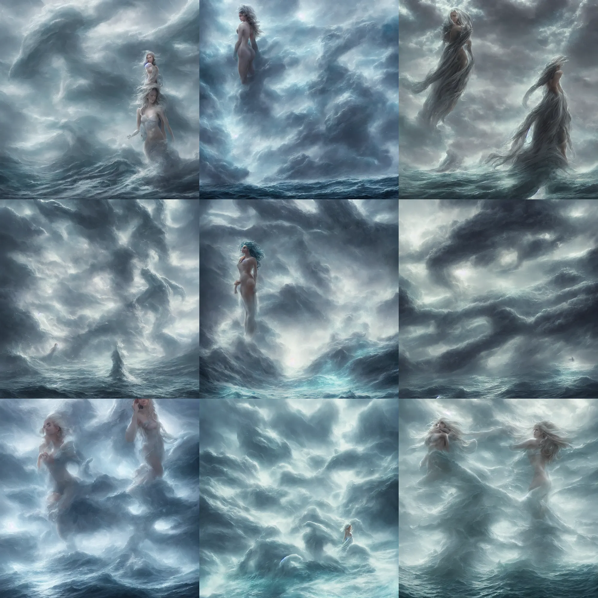 Prompt: a pale sea goddess forming from the spray and mist of a thunderous ocean storm, towering over a fleet of tiny ships, digital matte painting, concept art, trending on artstation, artgerm, cgsociety, watercolor