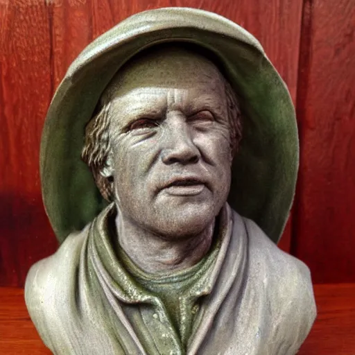Image similar to hyper realistic closeup bust of a new england fisherman, painted, colorized, bossons vintage chalkware,