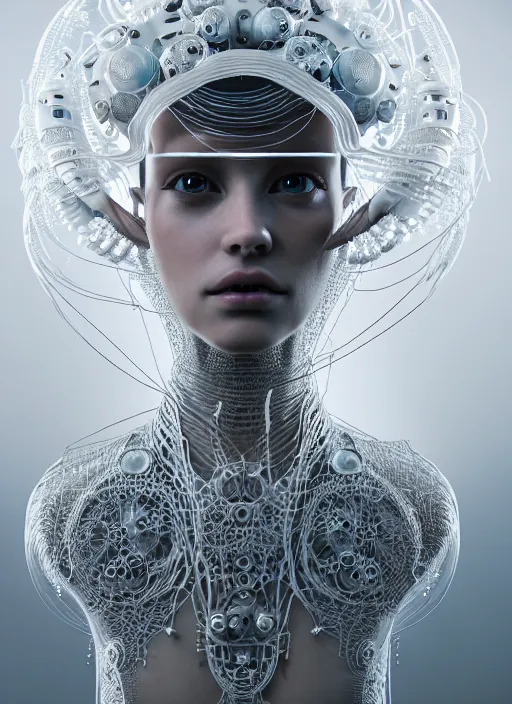 Prompt: portrait of an absurdly beautiful, graceful, sophisticated, fashionable cyberpunk mechanoid, hyperdetailed illustration by irakli nadar and alexandre ferra, intricate linework, white porcelain skin, faberge, jellyfish headdress, octane render, global illumination, bright 3 point light, detailed and intricate environment