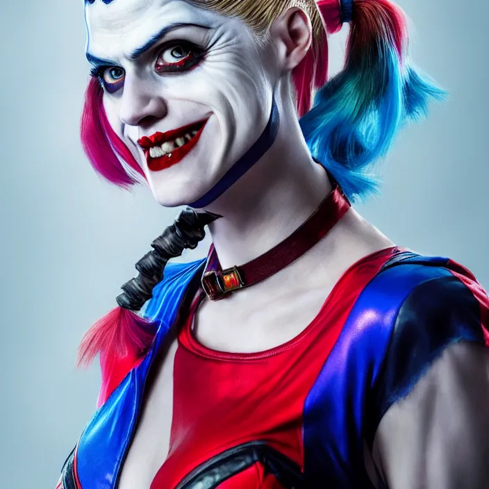 Image similar to portrait of alexandra daddario as a harley quinn in suicide squad. intricate abstract. intricate artwork. by tooth wu, wlop, beeple, dan mumford. octane render, trending on artstation, greg rutkowski very coherent symmetrical artwork. cinematic, hyper realism, high detail, octane render, 8 k, iridescent accents