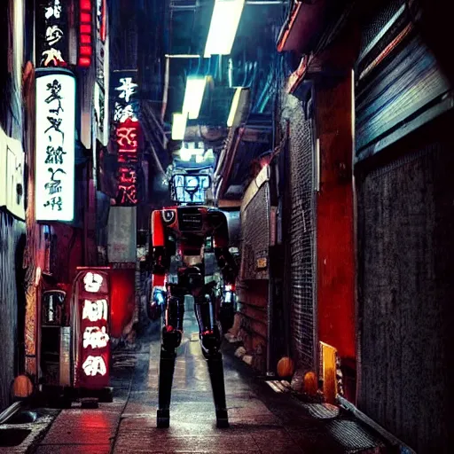 Prompt: a samurai robot with neon kanji tattoos and wheel legs gripping a perfectly detailed full-length katana in their hand with a badass pose. Snowy Grungy neon cyberpunk alleyways in the background Badass pose , Photo realistic , Gregory Crewdson , Award winning. Masterpiece, exquisite detail, post processing