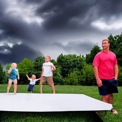 Prompt: two white dads standing by a grill in the suburbs, kid in the background jumping on a trampoline, stormy sky, 4 k,