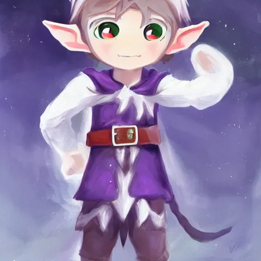 Prompt: little elf boy, purple tunic, white soft hair. light color palate, detailed soft painting, made in abyss art style, anatomically correct