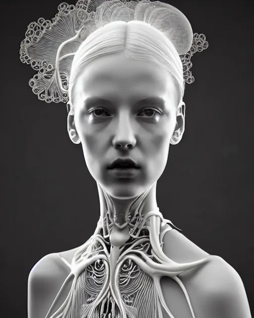 Image similar to dreamy soft luminous bw 3 d octane render, beautiful spiritual angelic biomechanical albino girl cyborg with a porcelain profile face, very long neck, rim light, big leaves and stems, roots, fine foliage lace, alexander mcqueen, art nouveau fashion embroidered collar, steampunk, silver filigree details, hexagonal mesh wire, mandelbrot fractal, elegant