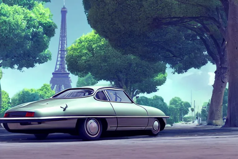 Image similar to a wholesome animation key shot of!! one!! focused! 1 9 7 4 citroen ds! in a tree lined paris street, view of eiffel tower, medium shot, studio ghibli, ( pixar ) and disney animation, sharp, very detailed, high resolution, rendered in unreal engine 5, anime key art by greg rutkowski, bloom, dramatic lighting