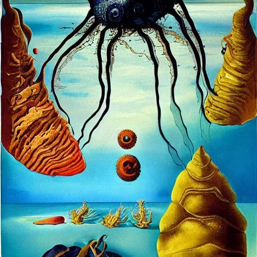 Prompt: Cambrian sea creatures painting by Salvador Dali