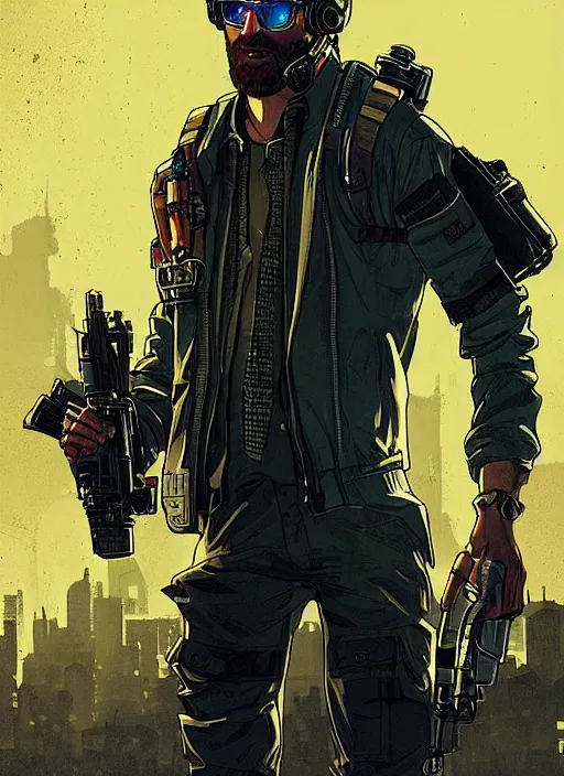 Image similar to Confident Ezra. clever cyberpunk mercenary wearing a cyberpunk headset, military vest, and pilot jumpsuit. bearded face. Realistic Proportions. Concept art by James Gurney and Laurie Greasley. Moody Industrial skyline. ArtstationHQ. Creative character design for cyberpunk 2077.