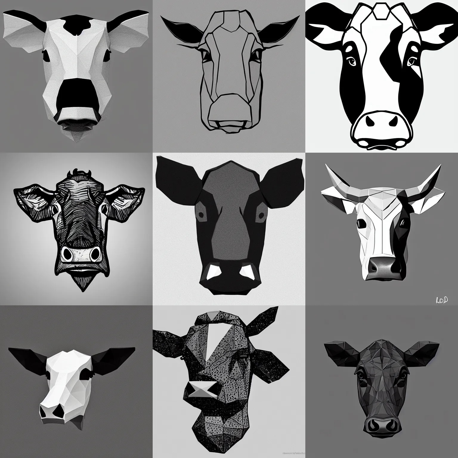 Prompt: a cow head, low poly, black on white, line art