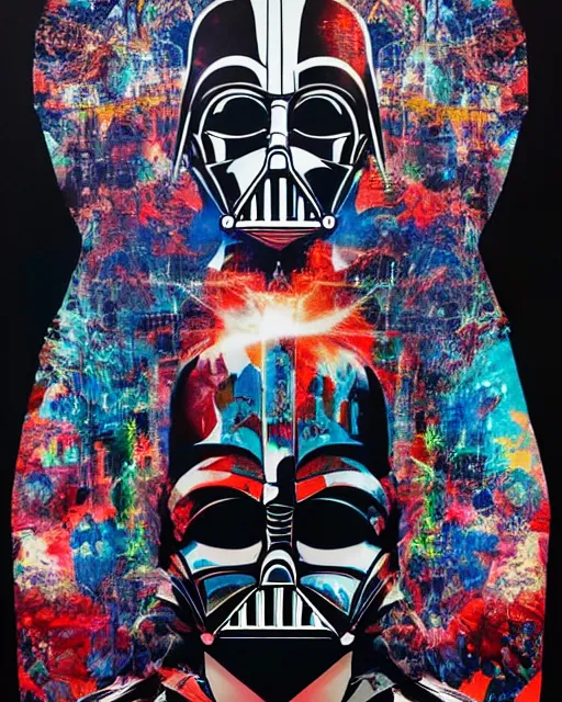 Image similar to Tristan Eaton, maximalism, darth vader, double exposure