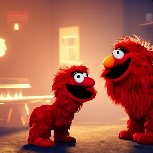 Image similar to elmo using a child as a hand puppet, playful scene, unreal engine, realistic, highly detailed fur, 8 k
