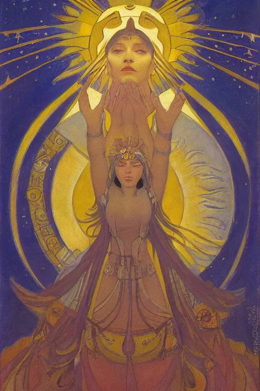 Prompt: queen of the sun and moon and stars by Nicholas Roerich and Annie Swynnerton and Diego Rivera and jean delville, dramatic cinematic lighting , ornate headdress , flowing robes, sacred artifacts, lost civilizations, smooth, sharp focus, extremely detailed