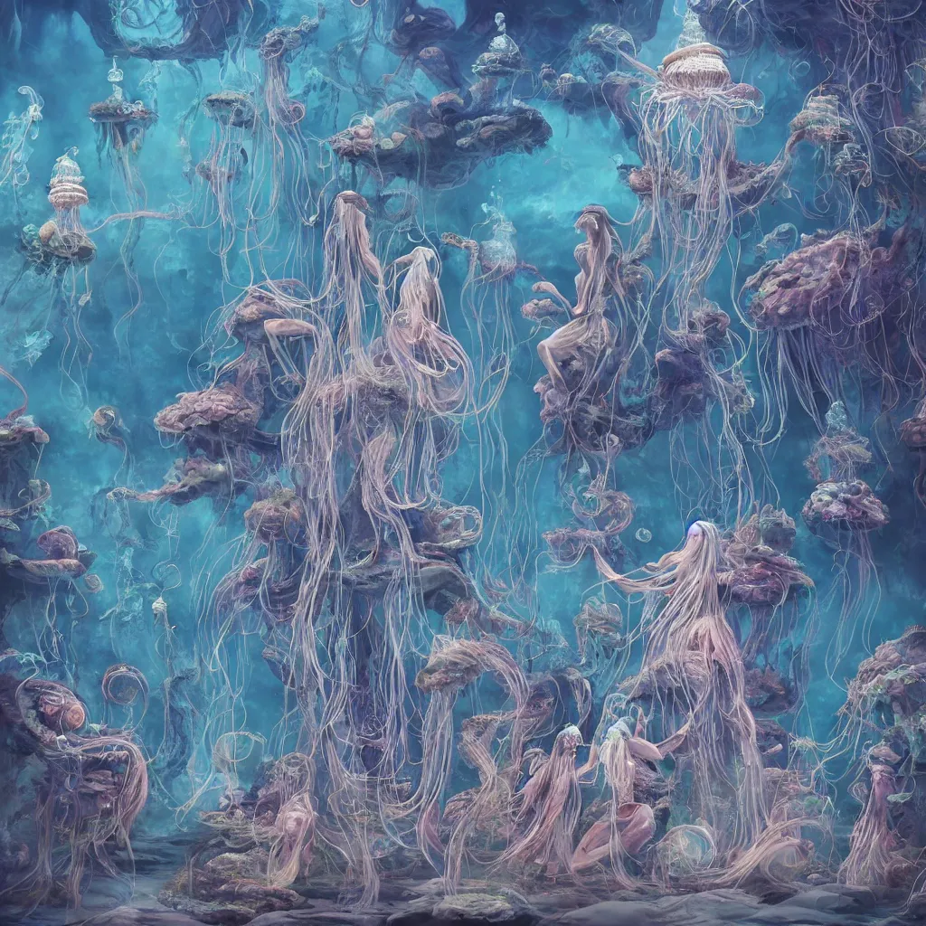 Image similar to A painting of priestesses worshipping at the jellyfish temple, shrouded in mist, jellyfish god, jellyfish priestess, jellyfish shrine maiden, 8K, illustration, art by BambooWu, smoke, undersea temple with fish, cinematic, insanely detailed and intricate, hypermaximalist, elegant, super detailed, award-winning, magenta and crimson and cyan, rainbow accents, iridescence, bioluminescence, mysterious, ancient, ritual, trending in cgsociety, artstation HQ, ornate, elite, haunting, matte painting, beautiful detailed, insanely intricate details, dreamy and ethereal, otherworldly