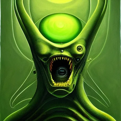 Image similar to a painting of a alien creature with a green background, an ultrafine detailed painting by h. r. giger, artstation, space art, reimagined by industrial light and magic, # vfxfriday, cosmic horror