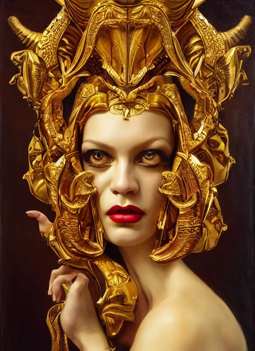 Prompt: highly detailed oil painting | very intricate | cinematic lighting | award - winning | golden baroque tiki mask fashion by alexander mcqueen | by roberto ferri, by tom bagshaw, by j. c. leyendecker and klimt, american romanticism, by austin osman spare, artstation, cgsociety, official art, octane