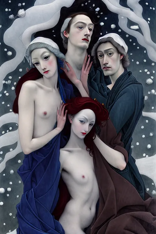 Image similar to 3 Winter Deities, (one representing each month of December, January, and February), in a style blending Æon Flux, Peter Chung, Botticelli, Ivan Bolivian, and John Singer Sargent, inspired by pre-raphaelite paintings, shoujo manga, and cool Japanese street fashion, dramatic moody cold landscape, dark and muted colors, hyper detailed, super fine inking lines, ethereal atmosphere, ghost, 4K extremely photorealistic, Arnold render