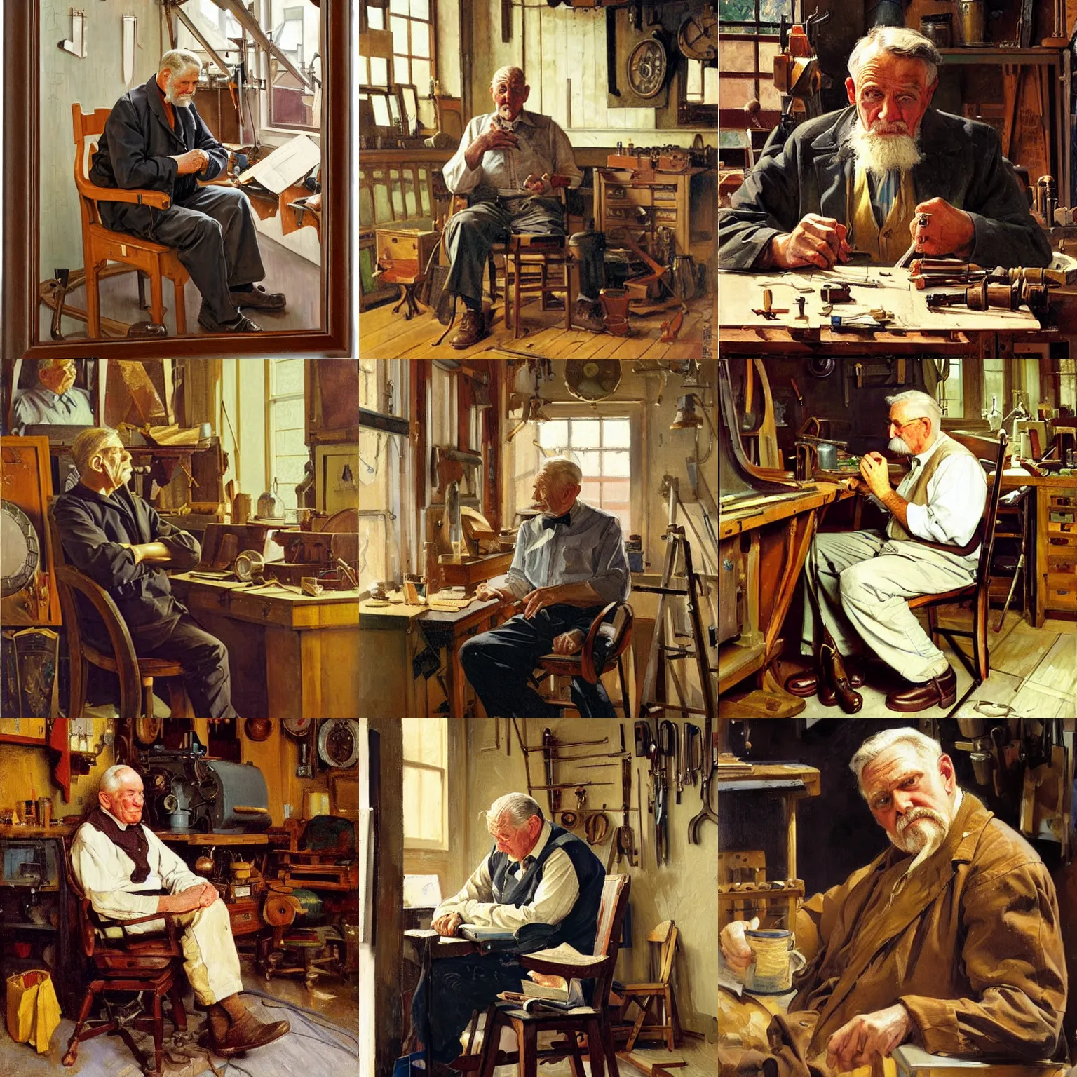 Prompt: a old man sitting on a chair in his workshop, oil painting, art by j. c. leyendecker