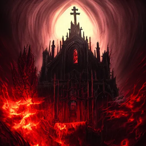 Prompt: perspective view of hell preist church building of evil, dark, fantasy, dramatic lighting, cinematic, epic composition in the style of Castlevania, Dark Souls, Bloodborne, the Witcher 3, Andreas Rocha, final fantasy