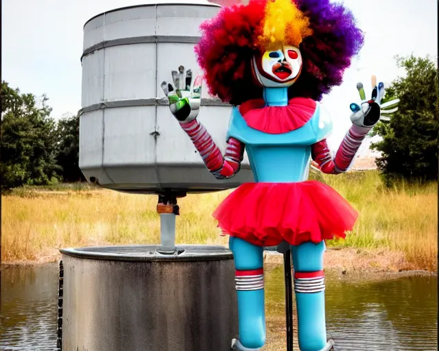 Image similar to beautiful clown girl robot alien standing on a water tank