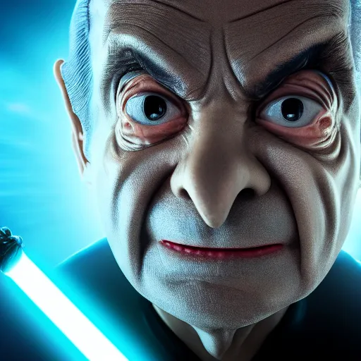 Image similar to mr. bean is darth sidious in star wars, 4 k, studio portrait, photography, cinematic lighting, highly detailed