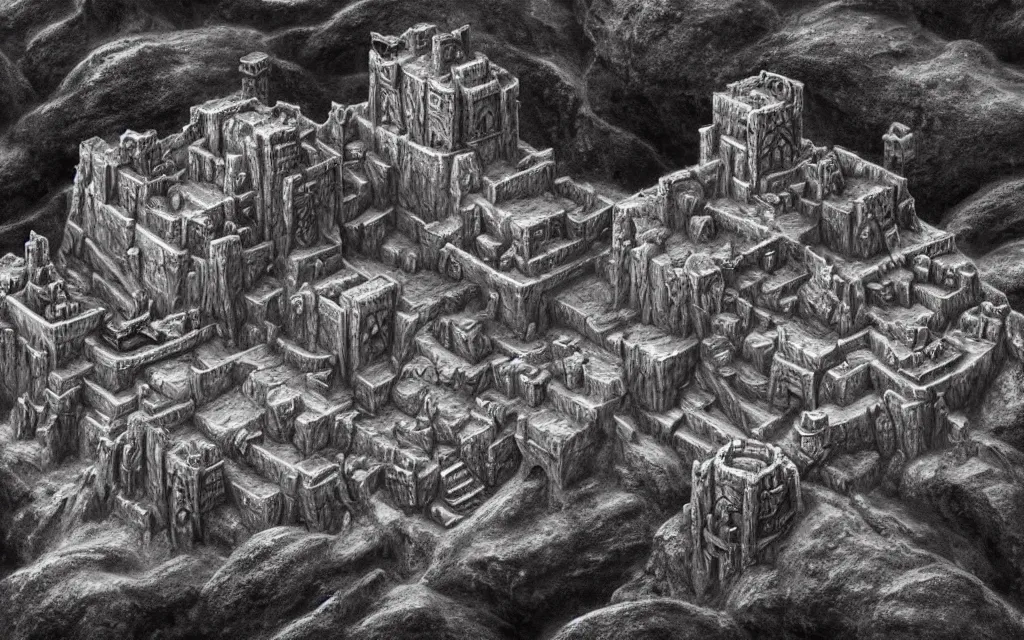 Prompt: aerial view of a dwarven fortress that was chiseled out of a mountain, matte oil painting, covered in runes, dark, epic, medieval fantasy landscape, deep halls, braziers, waterwheels, ornate jewels, trading depots, lava falls, magma, steel parts, extremely detailed, sharp focus