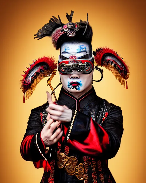 Prompt: photo of a Dramatic angry Peking Opera male character with painted face wearing MadMax style steampunk goggles and accessories in the style of stefan kostic, realistic, sharp focus, symmetric, 8k high definition, insanely detailed, intricate, elegant, art by stanley lau and artgerm, William-Adolphe Bouguereau