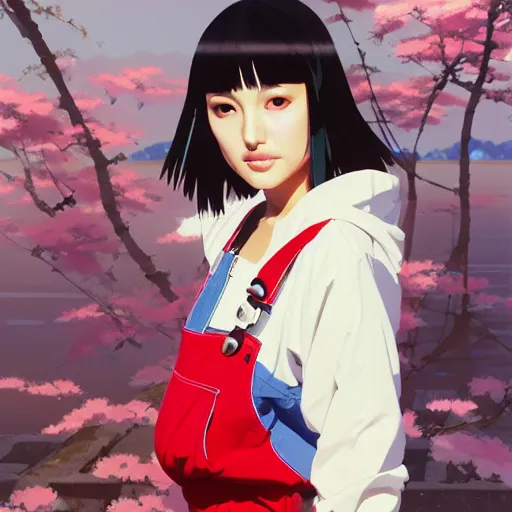 Image similar to a beautiful japanese natalie portman gravure model, wearing oversized native designer bomber jacket and leotard with overalls, bulky poofy bomber jacket with mesoamerican patterns, mesoamerican native street fashion, gapmoe yandere grimdark, trending on pixiv fanbox, painted by greg rutkowski makoto shinkai takashi takeuchi studio ghibli, akihiko yoshida