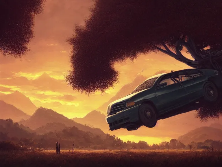 Image similar to low angle shot of tree growing inside scrap car in the foreground. overgrown. soft golden red sunset over the mountains in the background. clouds. detailed leaves. hyperrealistic, highly detailed, cinematic, beautiful, cgsociety, artstation, oil painting by greg rutkowski, by artgerm, by wlop