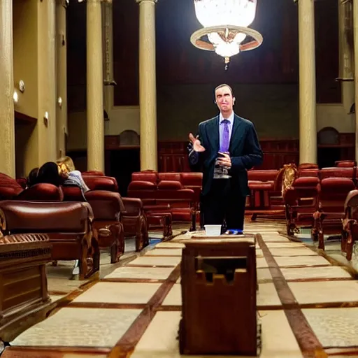 Prompt: Alastair Crowley giving a lecture in front of the United States senate, photojournalism, news, CNN, intricate detail, award winning photography,