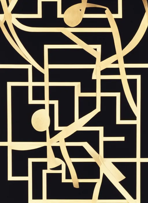 Prompt: symmetrical, shiny!!!! award - winning painting, abstract, gold and silver shapes, rectangles, geometry, elegant, luxurious, beautiful, pitch black background, dali