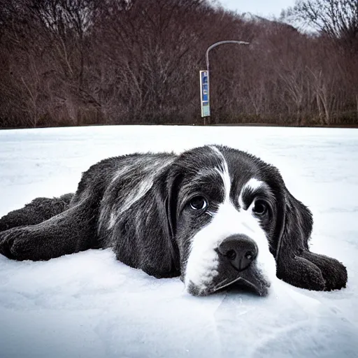 Prompt: A melting ice sculpture of a sad puppy, photography