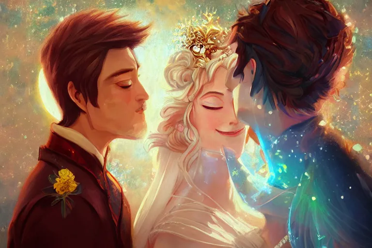 Image similar to a cinematic portrait of wedding photograph jpeg close up moment of a divine a japan sun god and moon goddess lovers magician at a wedding banquet. portraiture. digital painting. artstation. concept art. wedding photo. digital painting. frozen ii art masterpiece by art by krenz cushart